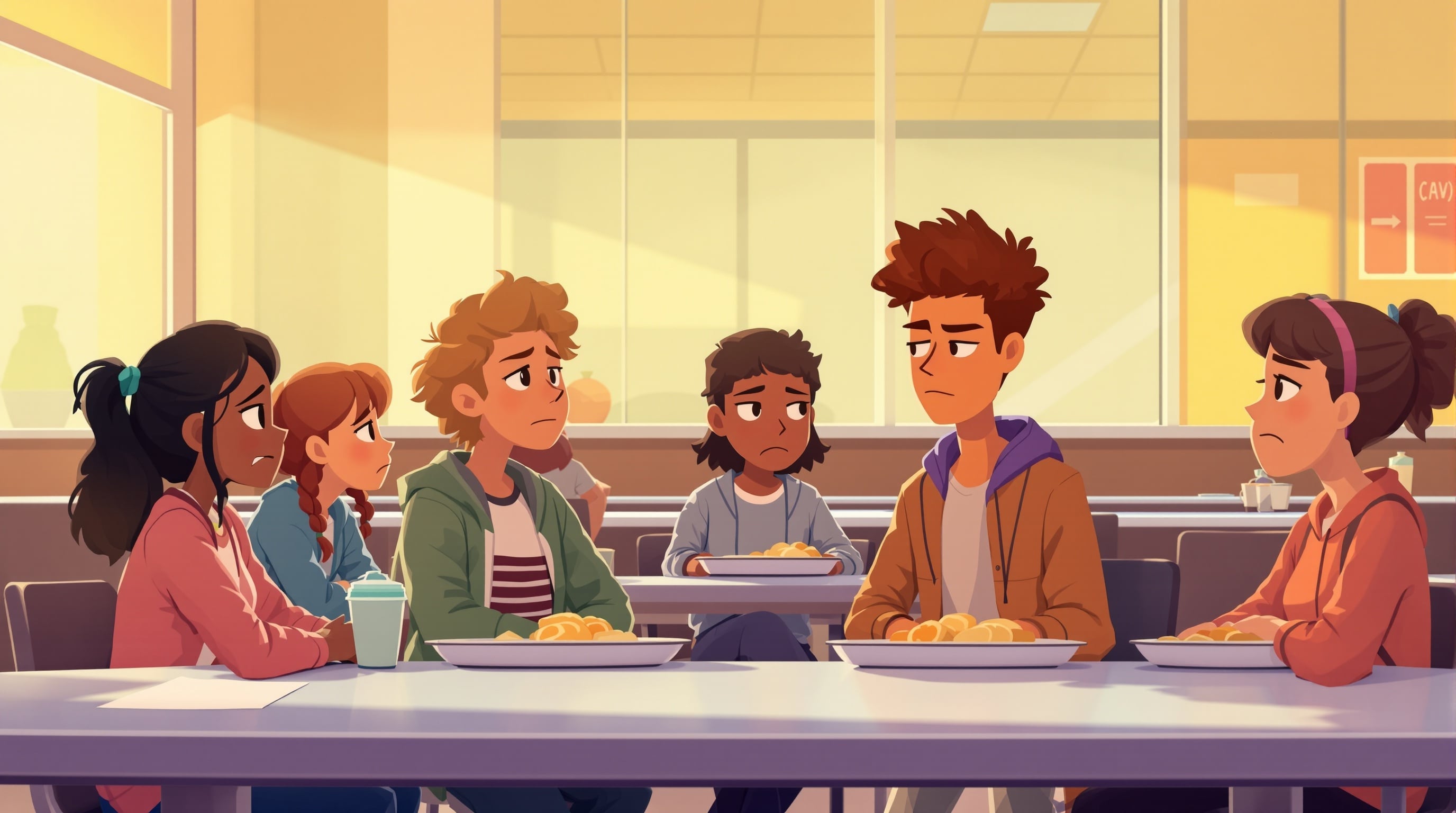 Interactive scenario showing a lunch table scene with middle school students